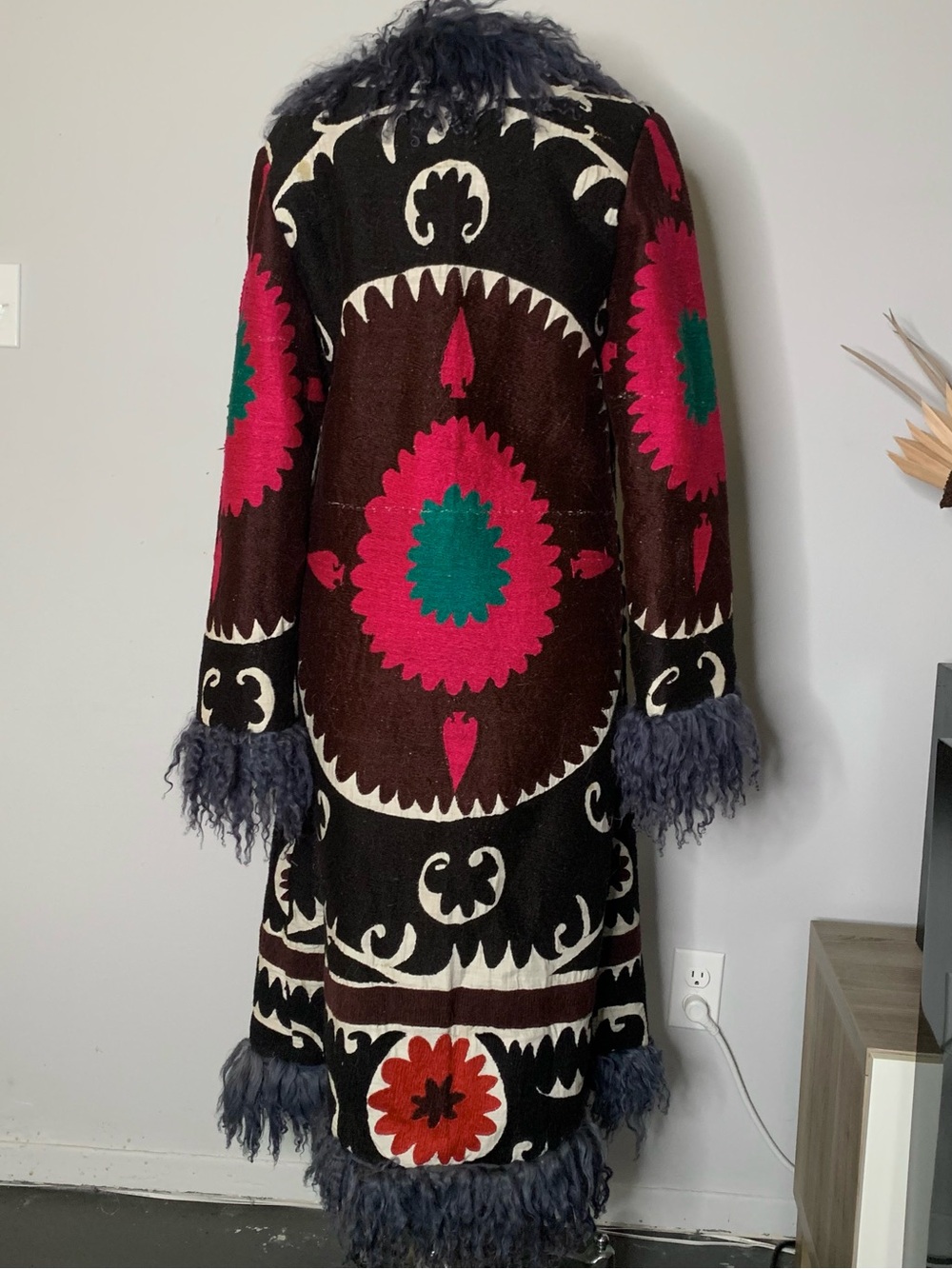 Vintage Folk-Floral Coat with Mongolian Trim